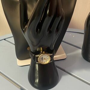 Silver-Tone Analog Watch with Black Leather Strap